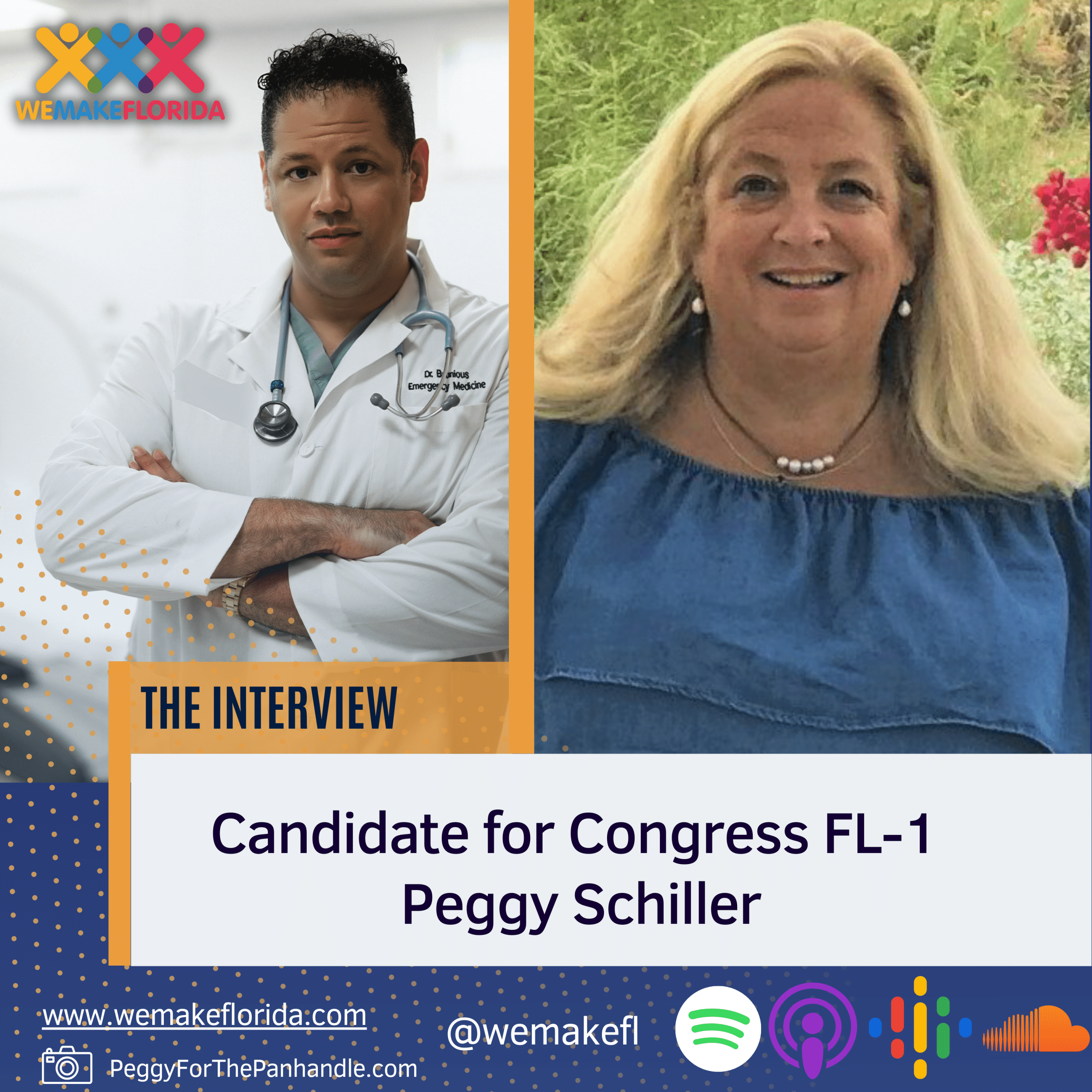 Clickable image to podcast episode. We Make Florida interviews U.S. Congressional Candidate Peggy Schiller